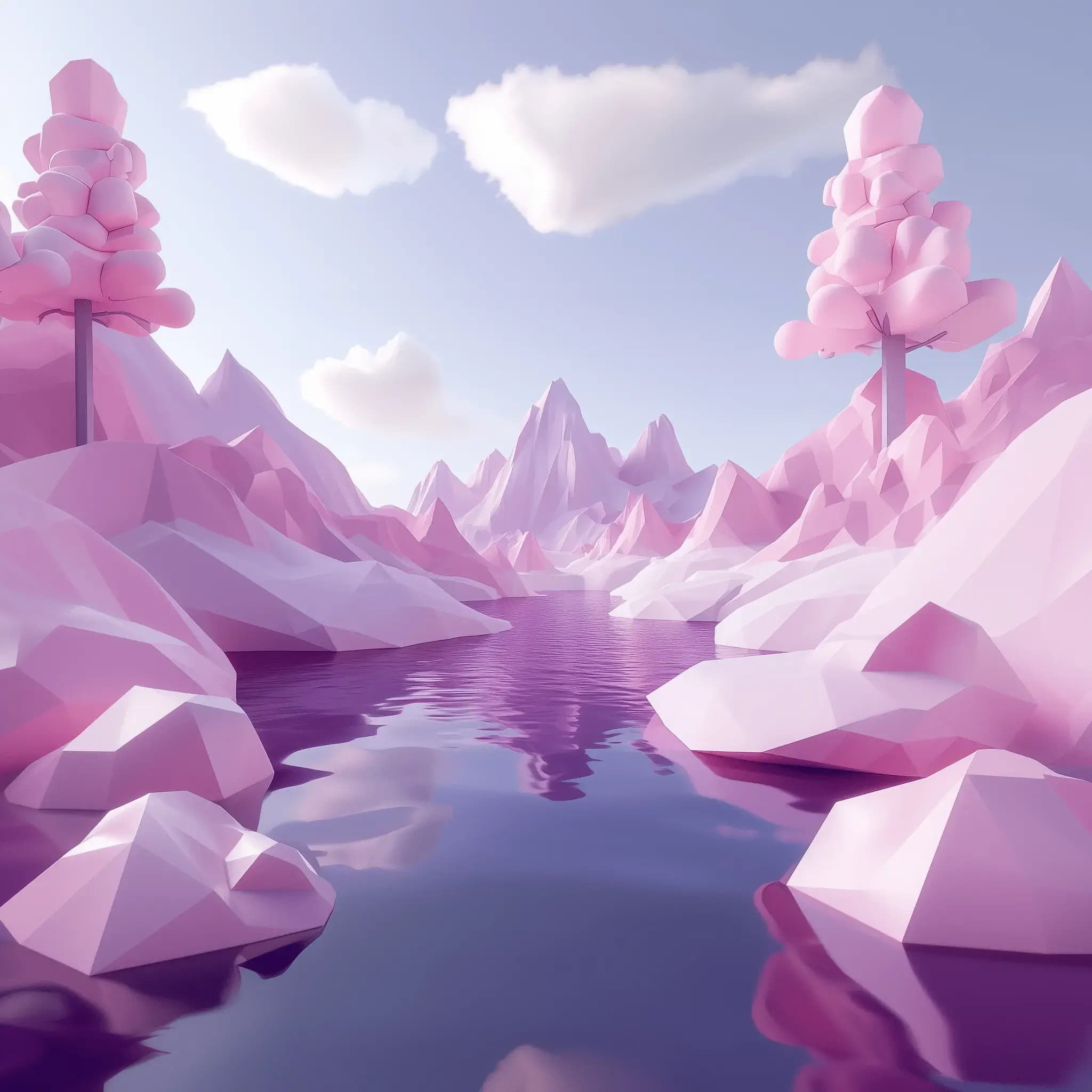 Lowpoly Dream Lake Landscape with Mountains and Clouds